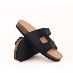 Dép đế trấu birken 2 khoá Đen Saffiano premium HISHOO B093