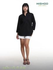 Áo Sơ Mi Đen Nữ Tay Dài Relax Form Rộng, Cổ Polo Tàu Vuông, Xẻ V Linen Solene Vải Mềm Mát HISHOO A3G002