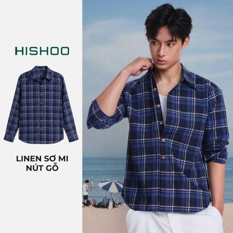 Áo Sơ Mi Caro Nút Gỗ Tay Dài Nam Relax Form Rộng, Cổ Thường, Lai Ngang Linen Solene Vải Mềm Mát HISHOO A2T003