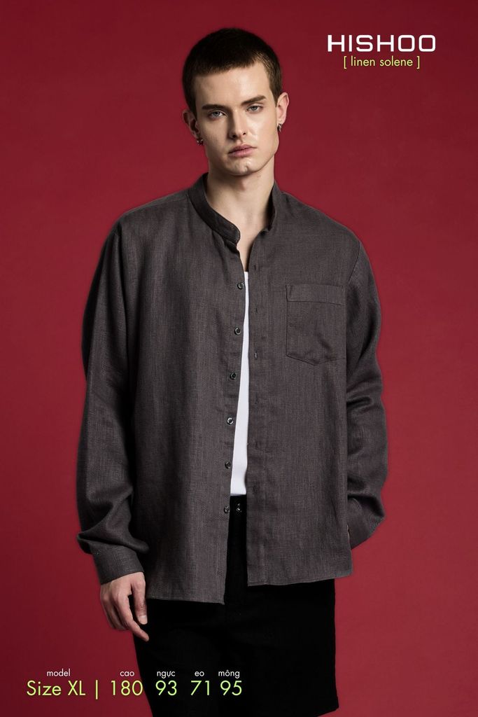 Áo Sơ Mi Nam Tay Dài Relax Form Rộng, Cổ Tàu Tròn, Lai Ngang Linen Solene Vải Mềm Mát HISHOO A2T001