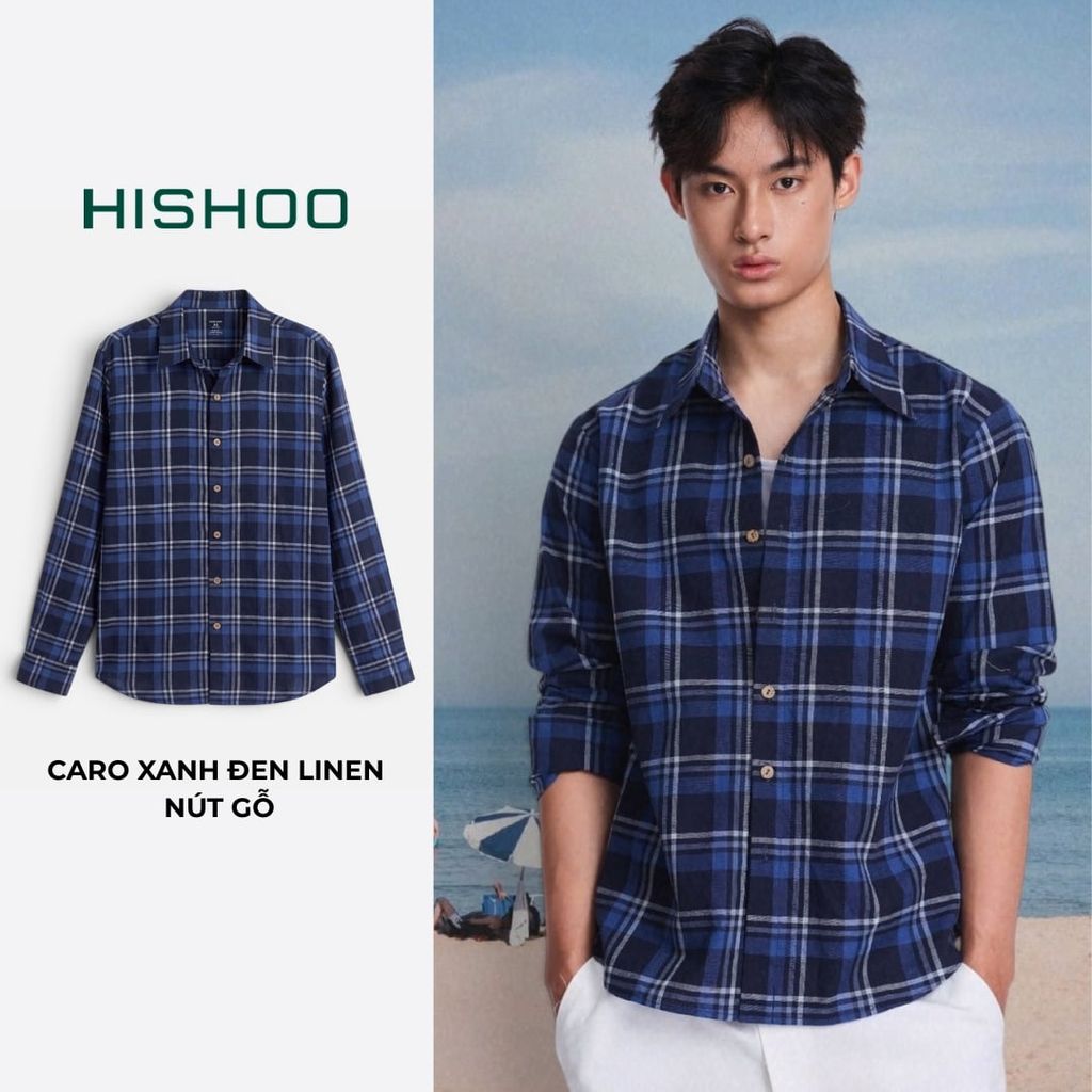 Áo Sơ Mi Caro Nút Gỗ Tay Dài Nam Relax Form Rộng, Cổ Thường, Lai Ngang Linen Solene Vải Mềm Mát HISHOO A2T003