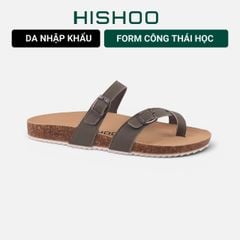Dép đế trấu Birken Rêu quai ngang xỏ ngón da bò HISHOO M098