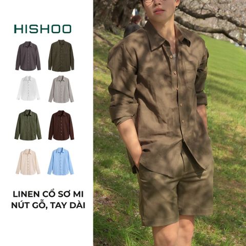 Áo Sơ Mi Rêu Nút Gỗ Nam Tay Dài Relax Form Rộng, Cổ Thường, Lai Ngang Linen Solene Vải Mềm Mát HISHOO A2T003