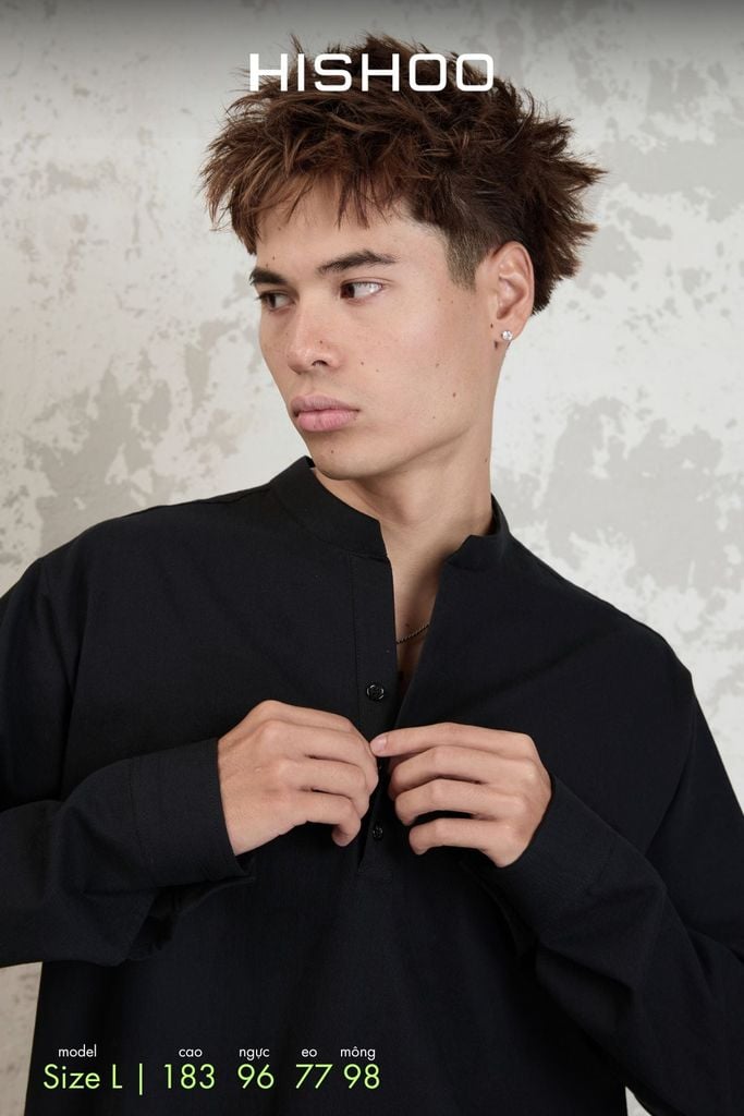 Áo Sơ Mi Nam Đen Tay Dài Relax Form Rộng, Cổ Polo Tàu Vuông, Xẻ V Linen Solene Vải Mềm Mát HISHOO A3T002