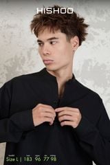 Áo Sơ Mi Nam Đen Tay Dài Relax Form Rộng, Cổ Polo Tàu Vuông, Xẻ V Linen Solene Vải Mềm Mát HISHOO A3T002