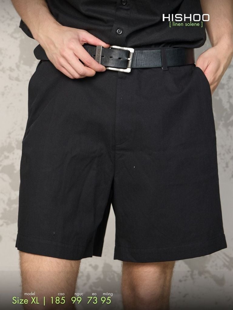 Quần short nam Đen Linen Solene HISHOO Thoáng mát giữ form mặc đi chơi đi làm Q1T001