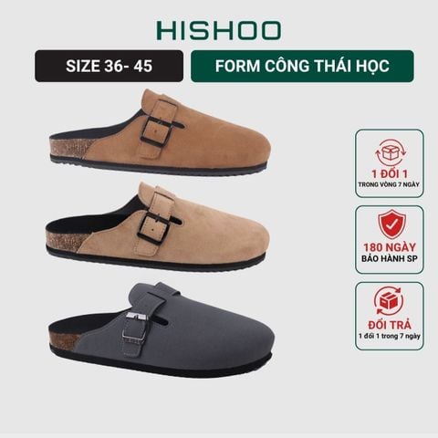 Dép đế trấu sục Boston Xám/ Kem/Bò quai ngang da lộn HISHOO R109