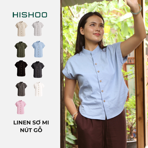 Áo Sơ Mi Nữ Nút Gỗ Tay Ngắn Relax Form Rộng, Cổ Tàu Vuông, Linen Solene Vải Mềm Mát HISHOO A4G002