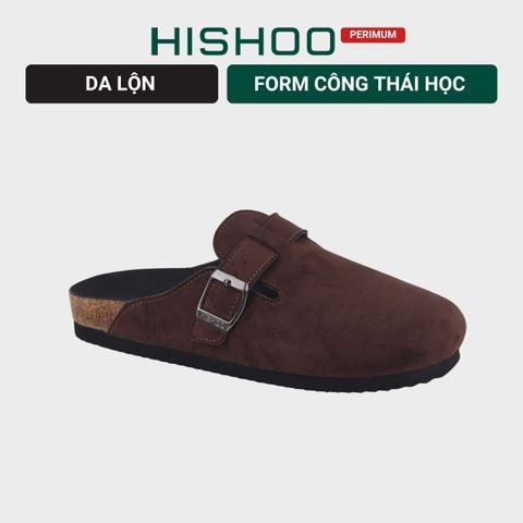 Dép đế trấu sục Boston quai ngang Nâu Walnut da lộn  HISHOO R109