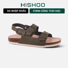 Dép đế trấu sandal birken Xanh Olive quai ngang 2 khoá premium HISHOO B102