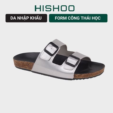 Dép đế trấu birken Bạc quai ngang 2 khóa Hishoo M093