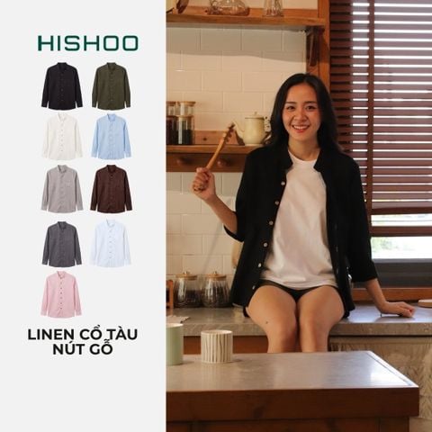 Áo Sơ Mi Nút Gỗ Tay Dài Nữ Relax Form Rộng, Cổ Tàu Vuông, Lai Ngang Linen Solene Vải Mềm Mát HISHOO A2G002