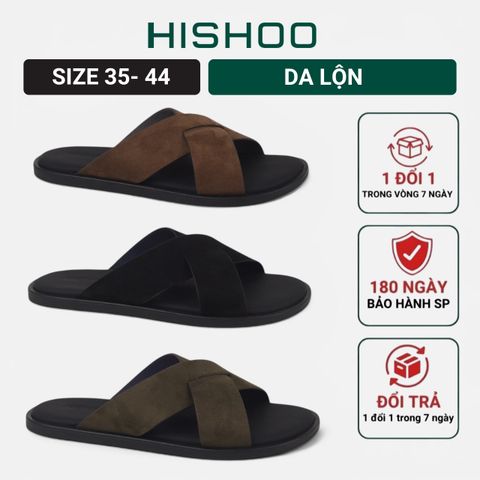 Dép lê bệt Nam quai ngang chéo da lộn lót da premium Manto 6 HISHOO K001