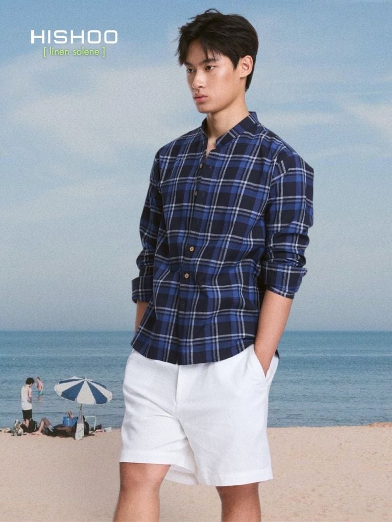 Áo Sơ Mi Caro Nút Gỗ Tay Dài Nam Relax Form Rộng, Cổ Tàu Vuông, Lai Ngang Linen Solene Vải Mềm Mát HISHOO A2T002