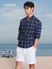 Áo Sơ Mi Caro Nút Gỗ Tay Dài Nam Relax Form Rộng, Cổ Tàu Vuông, Lai Ngang Linen Solene Vải Mềm Mát HISHOO A2T002