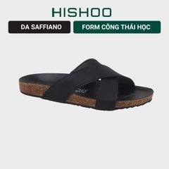 Dép đế trấu birken quai chéo MẶT ĐEN da SAFFIANO Hishoo M096