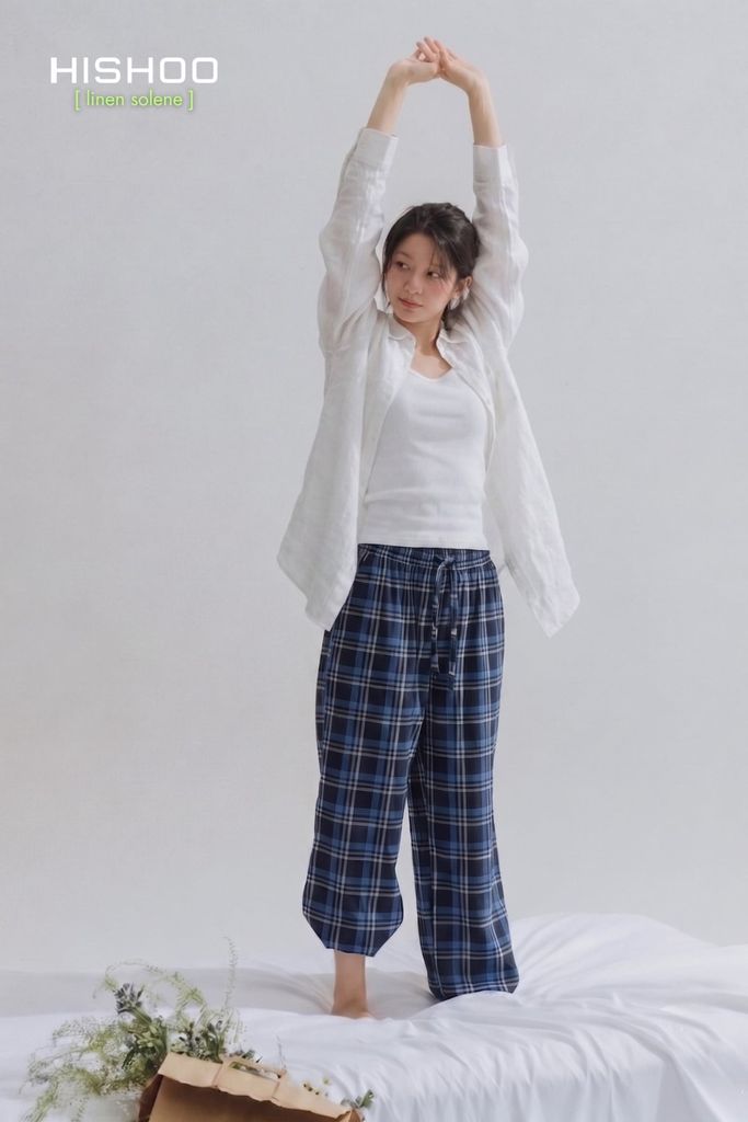 Quần dài Caro Linen Nữ Lưng Thun, Hishoo basic mặc đi chơi, đi làm HISHOO Q3G001