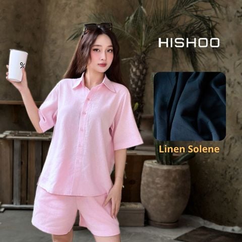 Áo Sơ Mi Nữ Hồng Relax Form Rộng, Cổ Thường, Lai Ngang Linen Solene Vải Mềm Mát HISHOO A1G003