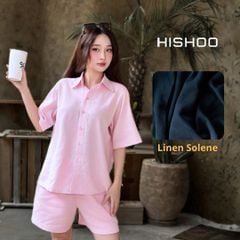 Áo Sơ Mi Nữ Hồng Relax Form Rộng, Cổ Thường, Lai Ngang Linen Solene Vải Mềm Mát HISHOO A1G003