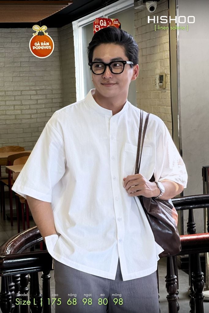 Áo Sơ Mi Trắng Nam Relax Form Rộng, Cổ Tàu Vuông, Lai Ngang Linen Solene Vải Mềm Mát HISHOO A1T002