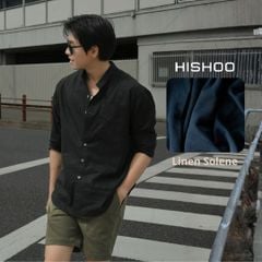 Áo Sơ Mi Nam Đen Tay Dài Nút Gỗ Relax Form Rộng, Cổ Tàu Vuông, Lai Ngang Linen Solene Vải Mềm Mát HISHOO A2T002