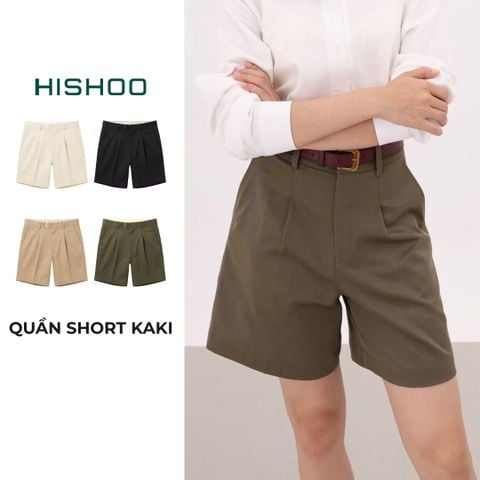 Quần kaki nữ lưng cao xếp li Hishoo short suông basic mặc đi chơi, đi làm HISHOO Q2G001