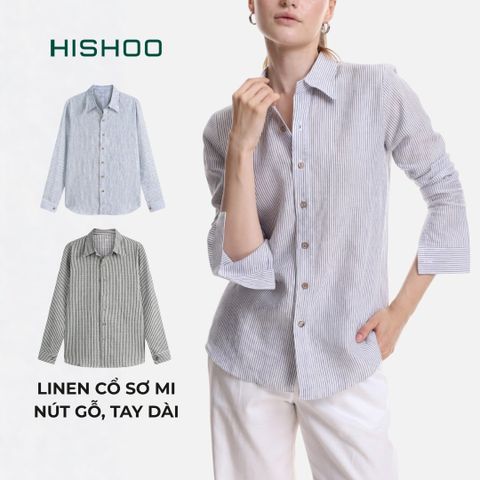 Áo Sơ Mi Sọc Nút Gỗ Tay Dài Nữ Relax Form Rộng, Cổ Thường, Lai Ngang Linen Solene Vải Mềm Mát HISHOO A2G003