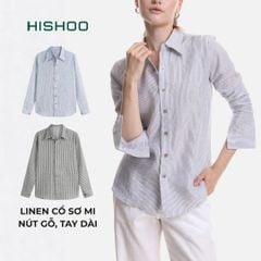 Áo Sơ Mi Sọc Nút Gỗ Tay Dài Nữ Relax Form Rộng, Cổ Thường, Lai Ngang Linen Solene Vải Mềm Mát HISHOO A2G003