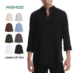 Áo Sơ Mi Nam Tay Dài Relax Form Rộng, Cổ Polo Tàu Vuông, Xẻ V Linen Solene Vải Mềm Mát HISHOO A3T002