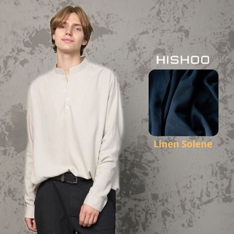 Áo Sơ Mi Nam Tay Dài Xám Tro Relax Form Rộng, Cổ Polo Tàu Vuông, Xẻ V Linen Solene Vải Mềm Mát HISHOO A3T002