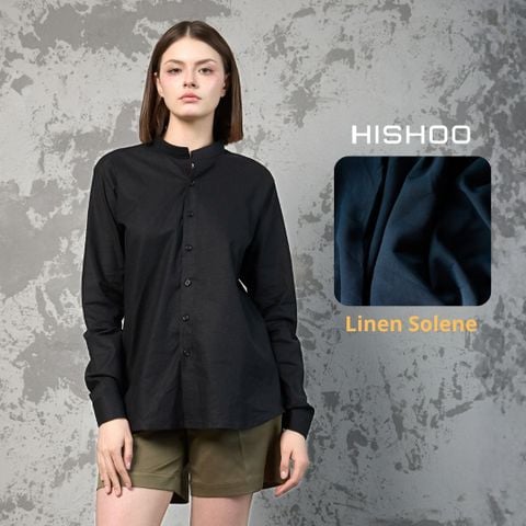 Áo Sơ Mi Tay Dài Nữ Đen Relax Form Rộng, Cổ Tàu Vuông, Lai Ngang Linen Solene Vải Mềm Mát HISHOO A2G002