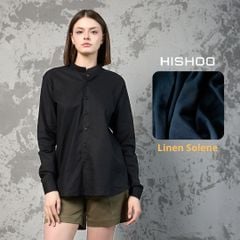 Áo Sơ Mi Tay Dài Nữ Đen Relax Form Rộng, Cổ Tàu Vuông, Lai Ngang Linen Solene Vải Mềm Mát HISHOO A2G002