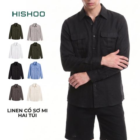 Áo Sơ Mi Nam 2 Túi Tay Dài  Relax Form Rộng, Cổ Thường, Lai Ngang Linen Solene Vải Mềm Mát HISHOO A2T005