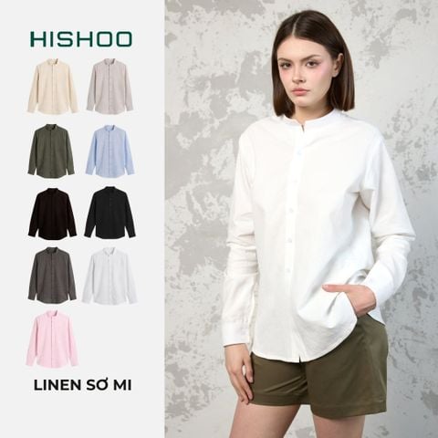 Áo Sơ Mi Tay Dài Nữ Relax Form Rộng, Cổ Tàu Vuông, Lai Ngang Linen Solene Vải Mềm Mát HISHOO A2G002