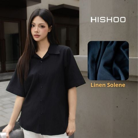Áo Sơ Mi Nữ Đen Relax Form Rộng, Cổ Danton, Lai Ngang Linen Solene Vải Mềm Mát HISHOO A1G004