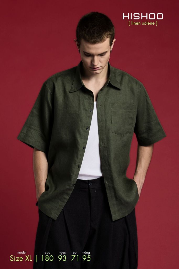 Áo Sơ Mi Nam Rêu  Relax Form Rộng, Cổ Thường, Lai Ngang Linen Solene Vải Mềm Mát HISHOO A1T003