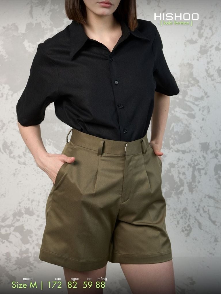 Quần kaki Rêu nữ lưng cao xếp li Hishoo short suông basic mặc đi chơi, đi làm HISHOO Q2G001
