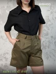 Quần kaki Rêu nữ lưng cao xếp li Hishoo short suông basic mặc đi chơi, đi làm HISHOO Q2G001