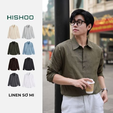 Áo Sơ Mi Nam Tay Dài Relax Form Rộng, Cổ Polo Sơ Mi, Xẻ V Linen Solene Vải Mềm Mát HISHOO A3T003