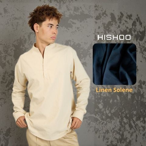 Áo Sơ Mi Nam Kem Tay Dài Relax Form Rộng, Cổ Polo Tàu Vuông, Xẻ V Linen Solene Vải Mềm Mát HISHOO A3T002