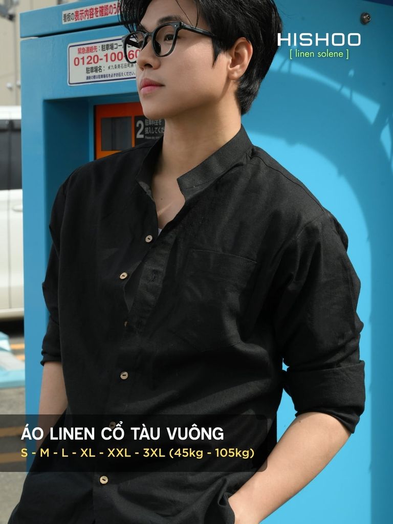 Áo Sơ Mi Nam Đen Tay Dài Nút Gỗ Relax Form Rộng, Cổ Tàu Vuông, Lai Ngang Linen Solene Vải Mềm Mát HISHOO A2T002