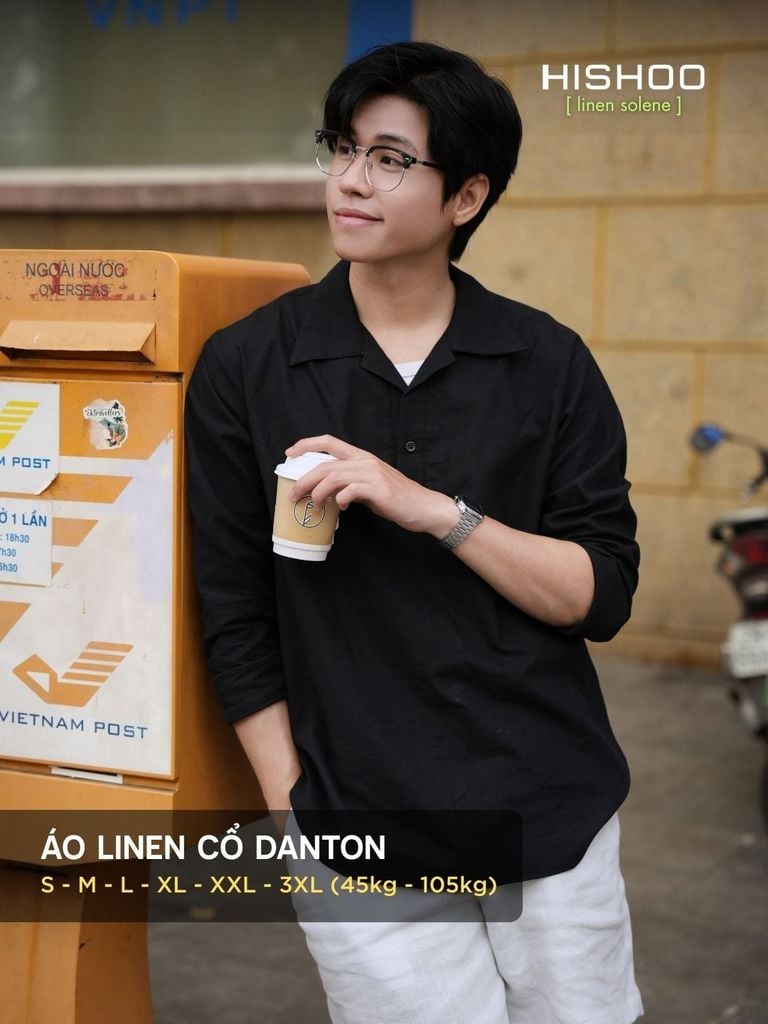 Áo Sơ Mi Nam Tay Dài Relax Form Rộng, Cổ Polo Danton, Xẻ V Linen Solene Vải Mềm Mát HISHOO A3T004