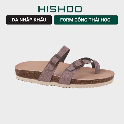 Dép đế trấu birken Xỏ Ngón Nâu Demin Khóa Nâu Premium HISHOO B098