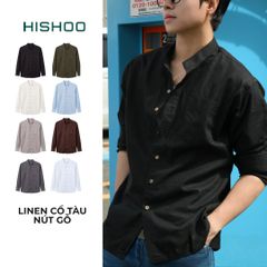 Áo Sơ Mi Nam Nút Gỗ Tay Dài Relax Form Rộng, Cổ Tàu Vuông, Lai Ngang Linen Solene Vải Mềm Mát HISHOO A2T002