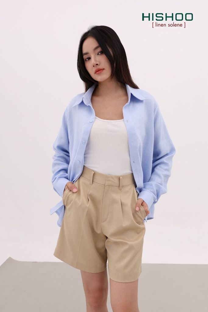 Áo Sơ Mi Tay Dài Nữ Relax Form Rộng, Cổ Thường, Lai Ngang Linen Solene Vải Mềm Mát HISHOO A2G003