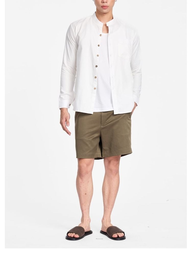 Áo Sơ Mi Nam Nút Gỗ Tay Dài Relax Form Rộng, Cổ Tàu Vuông, Lai Ngang Linen Solene Vải Mềm Mát HISHOO A2T002