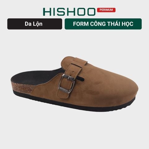 Dép đế trấu sục Boston quai ngang Nâu da lộn HISHOO R109