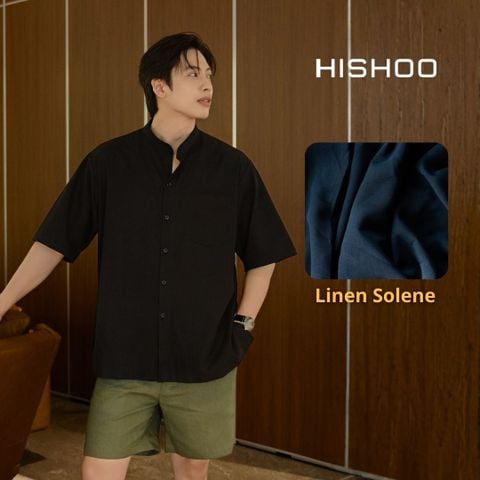 Áo Sơ Mi Nam Đen Relax Form Rộng, Cổ Tàu Tròn, Lai Ngang Linen Solene Vải Mềm Mát HISHOO A1T001
