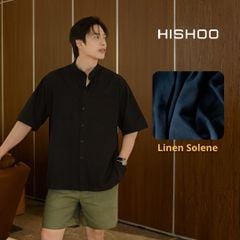 Áo Sơ Mi Nam Đen Relax Form Rộng, Cổ Tàu Tròn, Lai Ngang Linen Solene Vải Mềm Mát HISHOO A1T001