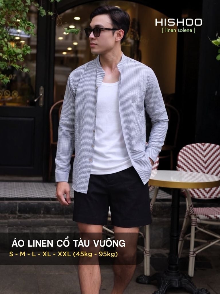 Áo Sơ Mi Trắng Sọc Xanh Nút Gỗ Tay Dài Nam Relax Form Rộng, Cổ Tàu Vuông, Lai Ngang Linen Solene Vải Mềm Mát HISHOO A2T002